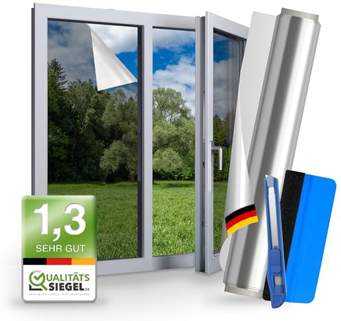 WindowShield® UV Sonnenschutzfolie für Fenster Innen & Außen 149 x 400 cm | UV Sonnenschutzfolie für Fenster Innen & Außen, selbstklebend, mit Hitzeschutz, 97 % UV-Schutz und Sichtschutz am Tag, Silber