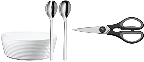 WMF Nuova Salatschüssel Set 3-teilig, Salatbesteck 30 cm, spülmaschinengeeignet & Touch Küchenschere 21 cm, Haushaltsschere mit Sägeschliff, Schere Küche, Cromargan Edelstahl, Softgriff, schwarz