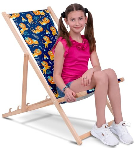 DreamRoots Transat Enfant Bois Chilienne, Lions Roar, Taille M | Chaise longue enfant extérieur, bain de soleil, chaise de plage, fauteuil jardin, pliable, hêtre, polyester 130 kg