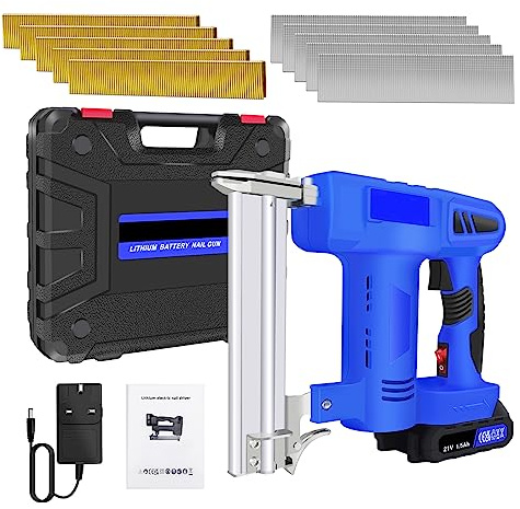 21V Cordless Nail Gun, Battery-Powered Brad Nailer, with 1500mAh Battery, Charger and Tool Box, Blue Cordless Nailer, for Small Carpentry Decoration and Exhibition Construction