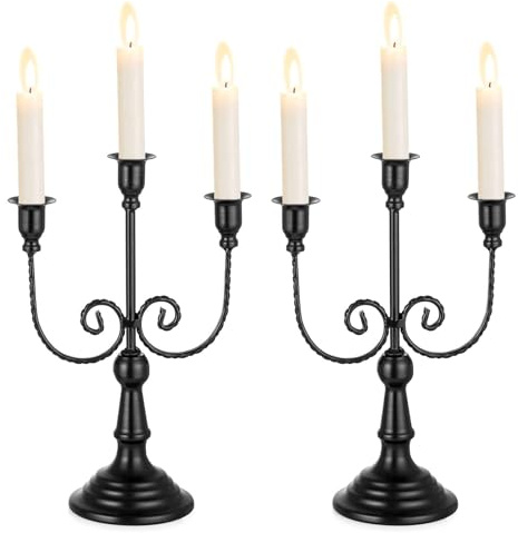 Sziqiqi Kerzenständer Schwarz 3-Armig, 2er-Set mit Gedrehten Armen | Gothic Kerzenleuchter für Stabkerzen, Dreiarmiger Kerzenhalter aus Metall, Einfache Montage, für Halloween, Esstisch, Kamin