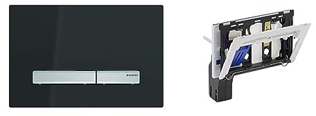 Geberit Sigma50 Betätigungsplatte/Drückerplatte für 2-Mengen-Spülung, Metallfarbe verchromt: verchromt, schwarz & 115610001 Einwurfschacht für Unterputz-Spülkasten 115.610.001, Reinigungswürfel