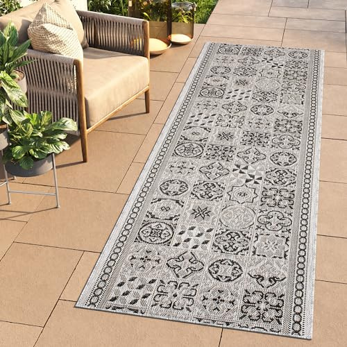 TAPISO Melissa Teppich Läufer Flur Outdoor Indoor Grau Schwarz Modern Mosaik UV-beständig Wetterfest Balkon Terrasse Wohnzimmer ÖKO-TEX 100 x 250 cm