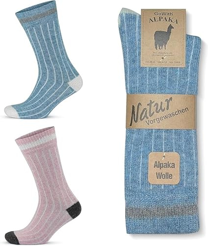 MEBY 2 par alpacka strumpor. Varma termostrumpor. Tjocka, fluffiga vinterstrumpor. Förtvättade vandringsstrumpor av alpackaull, Blå-rosa 3093, 43-46 EU