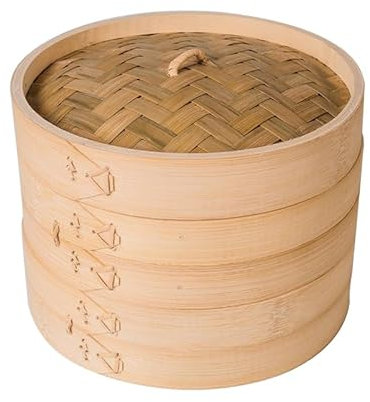 Soulnioi Vaporera de bambú de 20 cm, cesta de vapor de dos niveles, incluye tapa de bambú y 2 cestas de bambú, ideal para cocina asiática, bollos, albóndigas, verduras, pescado