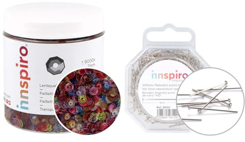 INNSPIRO Set de Lentejuelas Transparentes 120g Mezcla de 10 Colores 7mm y Alfileres Punta Roma 500u, PVC Duradero, Ideal para Decoración, Manualidades y Proyectos DIY con Porexpán