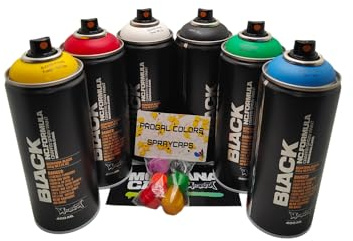 PROGAL COLORS Montana Black Spraydosen Set, 6 Wildstyle Farben + 6 Ersatzsprühköpfe - 6 x 400ml Montana Dosen