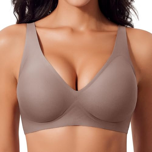 Ganado Damen BH Tiefem V-Ausschnitt Nahtloser BH Ohne Bügel Push Up BHS Bralette Soft Bequem BHS Bügellos Bustier (Hellbraun, M)