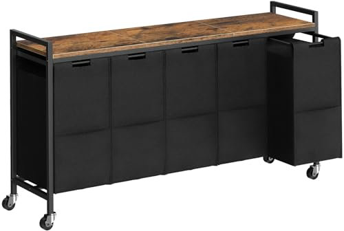 HOOBRO Wäschekorb, Wäschewagen, Wäschesammler, Wäschewagen mit 5 abnehmbaren Oxford-Wäschesäcken und Aufbewahrungsplatte, für Waschküche, Badezimmer, Vintagebraun und Schwarz EBF07XY01