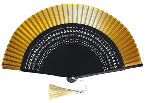 FANSOF.FANS Premium Silk Fabric Border Handheld Folding Fan with Grade A Bamboo Ribs for Women Girls Event Birthday Wedding Favour With Tassel (Gold)
