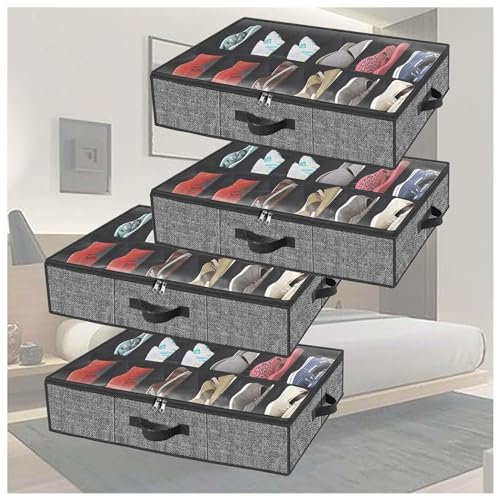 RYJYQYX Unterbettkommode Foldable für Schuhe Aufbewahrung, Bettkasten Aufbewahrung mit transparenter Deckel, Verstauboxen Mit Deckel für Schuhe,Kleidung,Stiefel,Spielzeug,Taschen,B-4Pcs