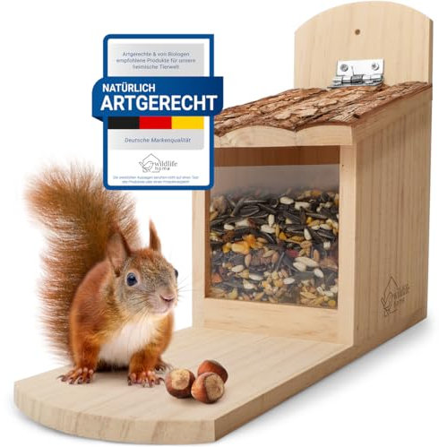 WILDLIFE HOME Eichhörnchen Futterhaus stabil aus Massivholz mit Rindendach - Wetterfest, Eichhörnchenhaus, Futterstation zum Eichhörnchen füttern, Eichhörnchenfutterhaus