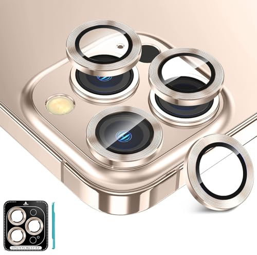 Fewdew Pellicola Fotocamera per iPhone 16 Pro 6,3 Pollici e iPhone 16 Pro Max 6,9 Pollici, 9H Vetro Temperato Cover Anello Individuale in Metallo, HD Chiaro, Antigraffio,Oro
