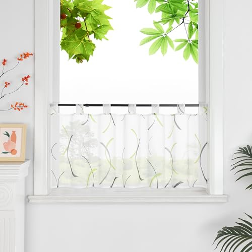 HeichkelL Voile Scheibengardine Transparente Gardine Bistrogardine mit Wellen Modern Kurzstores Scheibenvorhang mit Schlaufen Grün HxB 60x120 cm