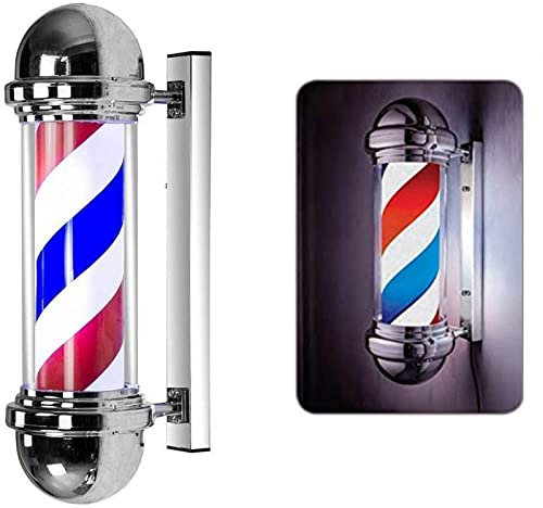 VAESAZDSZ Poste de barbería Giratorio con luz, Iluminado para Letrero de salón de peluquería, luz LED con Rayas Rojas, Blancas y Azules, lámpara de Pared para Exteriores, decoración