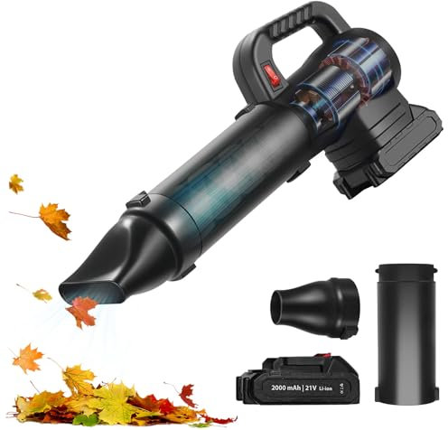 Laubbläser Kabellos, 2000mAh Akku mit Ladegerät, Leichte Elektrische Gartengebläse mit Turbo-Boost, 120km/h Stufenlose Geschwindigkeitsstufen für Rasenpflege Blätter Schnee Staub Schmutz Entfernen