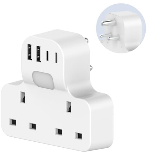Amoi UK to India Plug Adapter India to UK Plug Adapter - 4 USB Ports 17W USB C Fast Travel Charger, Grounded, For India, Pakistan, Sri Lanka, Yemen (Type D)