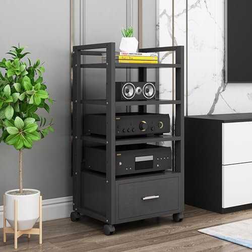 SGKOMN 4-Tier Movable Audio Tower AV Media Stand CD Player Stand Stereo Component Storage Cabinet and Open Media Center with Height Adjustable Wooden Shelf a(D-60X40X100CM)