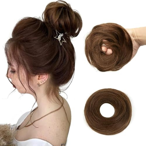 ISHEENY Messy Bun Haarteil 100% Echthaar Rose Dutt für Frauen Echthaar Scrunchies Hochsteckfrisur Haarteile Glattes Bun Verlängerung, Dunkelbraun #4