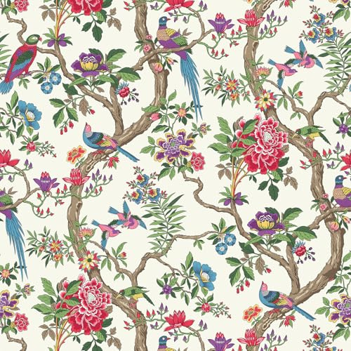 VEELIKE Papel Pintado Flores Vintage Papel Pintado Pajaros y Flores Chinoiserie Beige Fotomurales Decorativos Pared Dormitorio Revestimiento Pared Baño Vinilo Adhesivo Muebles 44,5 cm x 300 cm
