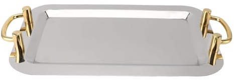 MUNEFE Stainless Steel Serving Tray, Exquisite Elegant Mirror Surfaces Golden Carrying Handle Stainless Steel Dinner Plates, Serving Platters with Handles for Hotel Buffet (Rectangular (Length