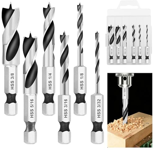 Vunanvu 6 PCS Brocas para Madera, Juego de Brocas Helicoidales para Maderas con Vástago Hexagonal, Juego de Broca HSS con Punta de Centro, Broca Espiral para Taladro Atornillador y Uso en Madera Dura