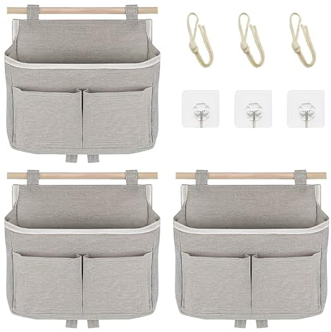 OMJMYY 3 Stück Hängeorganizer Camping Hohe Kapazität Hängeaufbewahrung Faltbarer Leinen Wand Organizer Hängend Hängetasche 3 Fächer mit Klebriger für Büro Zuhause Schlafsaal Bad(Grau)