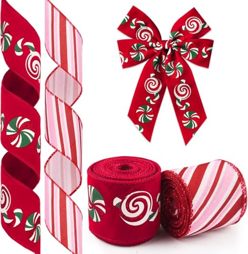 Weihnachtsband Breit 6,3cm 2 Rollen Schleifenband Weihnachten 9 Meter Weihnachtsbänder mit Draht Geschenkband Weihnachten Breit Christmas Ribbon zum Basteln Dekorieren Weihnachtsbaum Tür Kranz