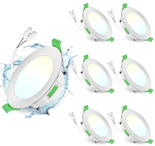 GeyouLux LED Einbaustrahler 230V Dimmbar, 7W 700LM IP44 Deckenspots, 65-75mm Lochmaß Einbauleuchten, 2700K/4000K/6500K Ultra Flach Einbauspots für Badezimmer Küche Rund Nickel LED Spots 6er Set