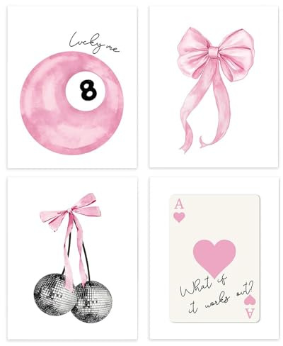 ZenithAura 4 Stücke Moderne Preppy Poster Rosa Schleife Wandkunst Zimmerdekoration Drucke 20X25 cm Ungerahmt Blassrosa Coquette Raum Ästhetik Disco 8 Ball Wanddekoration