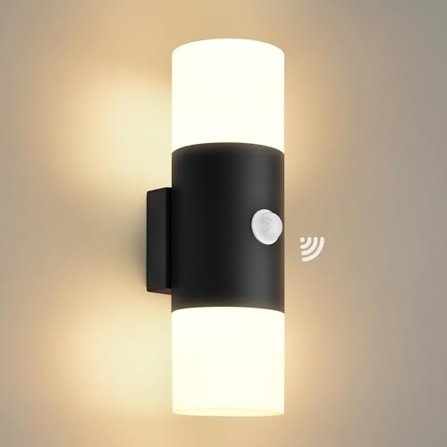 YindaLux Aussenlampe mit bewegungsmelder, mit 2*GU10, 14W 3000K, Schwarz | IP65 Wasserdichte, Up and Down, 350° Drehbar, Aluminium, Modern LED Außenlampe Wand für Terrasse, Eingang, Flur