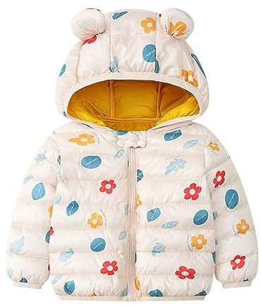 Generisch Piumino da bambino, trapuntato, caldo, invernale, leggero, con orecchie d'orso, felpa con motivo, giacca per attività all'aria aperta, con chiusura lampo, giacca classica e comoda, beige