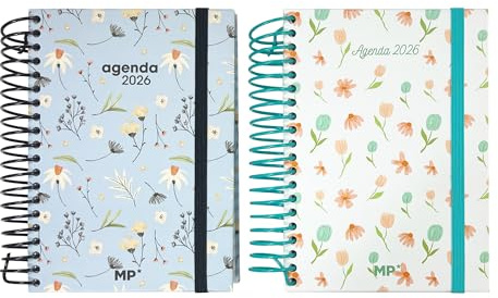 MP Agenda 2026 Día Página, Tamaño 12x17cm, Planificador Anual Multidioma (ESP, ING, FR y ALE), Cierre de Anillas, Tapa dura Protector