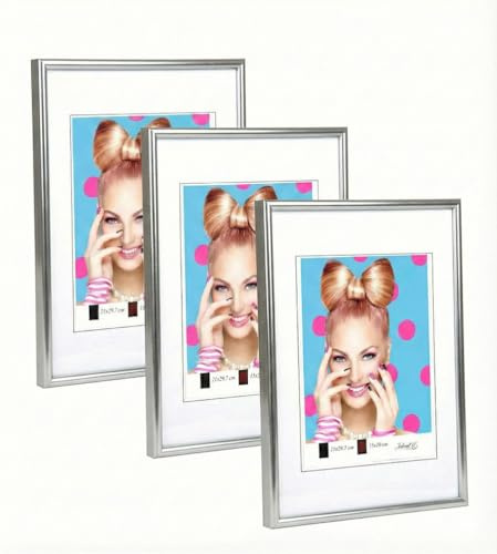 KM FOTO 3er 5er Set Photo Style Set Bilderrahmen Wanddeko Collage Poster Kunststoff Rahmen: Farbe: 3er Pack Silber | Format: 30x40
