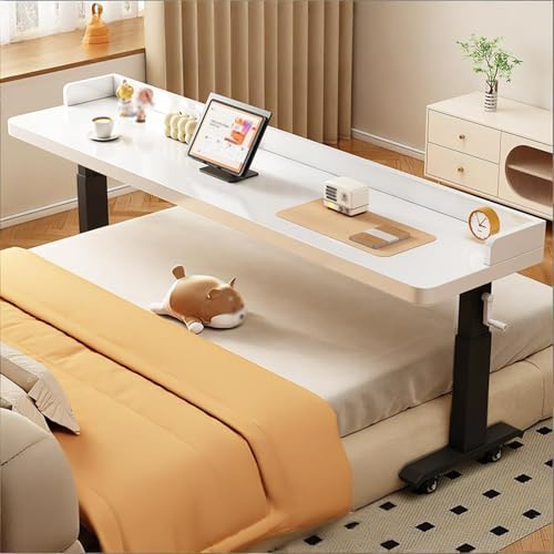 Höhenverstellbarer Computertisch Mit Handkurbel, Betttisch Auf Rollen Mit 360°, Robuster Laptoptisch Für Krankenhaus Und Zuhause(White4,180cm/70.8in)
