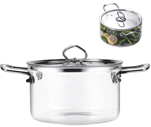 Pentole in vetro per cucinare, casseruola in vetro con coperchio, pentola trasparente da 2, 5 litri con doppio manico acciaio inossidabile, pentole resistenti al calore per cucinare pasta, tagliate