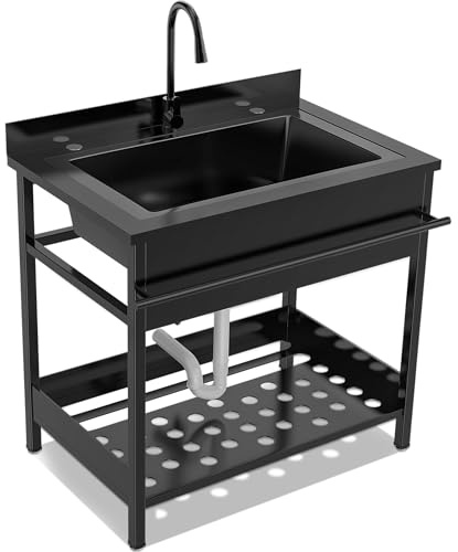 Stainless Steel Utility Sink, 35 Inch Single Bowl Kitchen Sink with Cold Hot Water Pipe Standard P-trap Drainge for Laundry Room Pet Care Farmhouse （Black)