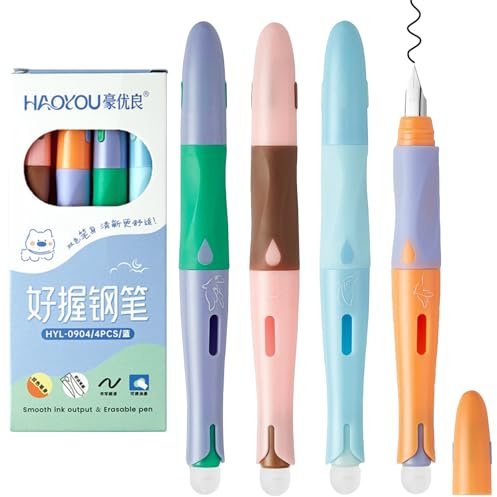 Nurila 4 Stück Radierbarer Füller, Radierbarer Füllfederhalter mit Blaue Tinte, Füllfeder mit Radiergummi, Radierbare Stifte für Schule, Büro, Schreibpraxis (Orange, Rosa, Blau, Grün)