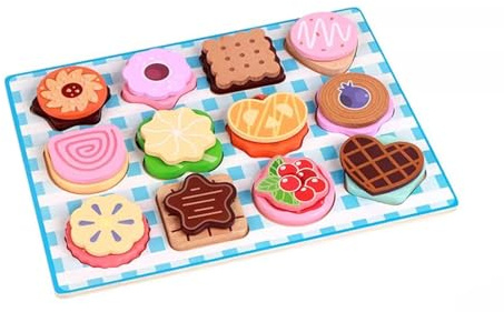 LLTCMYGS Montessori Holz-Dessert-Zuordnungspuzzle, Kleinkind Farb- und Formen-Sortierspiel, Holz-Keks-Spiellebensmittel-Set