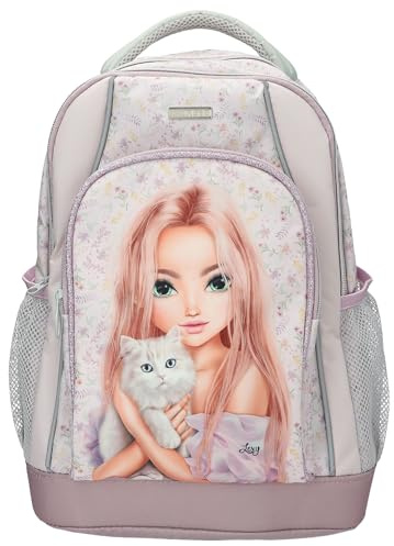 Depesche 13959 TOPModel Blooming Kitty - Schulrucksack in Flieder, mit Model-Katze-Motiv und Blumenmuster, Schultasche mit verstellbaren Trägern