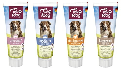 Lot de 48 tubes Tubi-DOG - 12 x saucisse de foie, 12 x crème de saumon, 12 x crème de bacon, 12 x crème de volaille