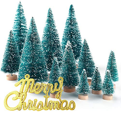 KUUQA 36 Pz Mini Sisal Neve Gelo Alberi Di Natale Bottiglia Spazzola Alberi In Plastica Inverno Neve Ornamenti Alberi Da Tavolo con Buon Natale Lettere per Festa Di Natale Casa Modelli Di Diorama