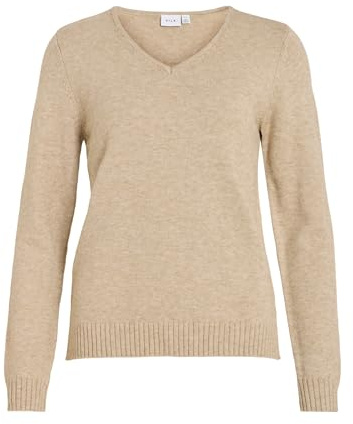 Vila Clothes Viril L/s V-Neck Knit Top-Noos, suéter Mujer, Beige (Natural Melange Natural Melange), 40 (Talla del Fabricante: Medium)