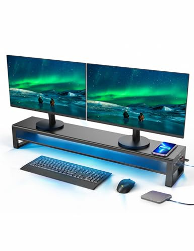 Vaydeer Dual Monitor Stand Riser, Wireless Charging, 3 USB Ports | 20W USB-C Charging, 15W Wireless Charging, RGB Lighting, Metal Construction, For Monitors, Laptops and Desk Organisation
