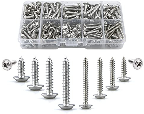 Viti autofilettanti M3 M4,in metallo,con rondelle,280 pezzi,kit assortito di viti per legno autofilettanti con testa cilindrica in acciaio inossidabile(8/10/12/16/20/25mm),svasata rotonda(argento)