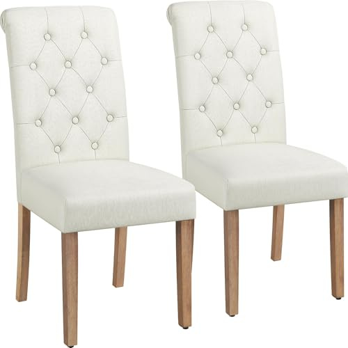 Yaheetech Set 2 Sedie Imbottite Sala da Pranzo con Schienale Alto Sedia da Cucina Gambe in Legno Sedie Eleganti Massello con Bottoni per Soggiorno Camera da Letto Beige/Tessuto