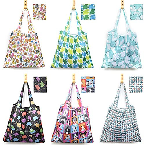 XonyiCos 6 Pcs Reusable Grocery Bag, Foldable Eco-Friendly Shopping Bags, Lightweight Washable Ripstop Nylon Large Tote Bag (Lovely Animals)