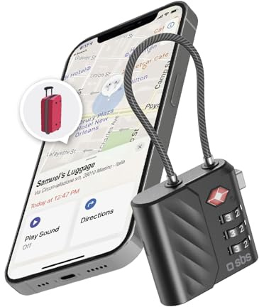 SBS Track My Lock – TSA-Schloss mit integriertem Finder-Ortungsgerät, kompatibel mit Apple Find My (iOS), Zahlenkombination, 60-dB-Alarm, USB-C-Aufladung, ideal für Koffer und Taschen, schwarz