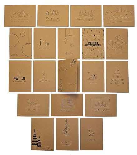 20 Weihnachtskarten Klappkarten aus Kraftpapier 20er Karten-Set mit verschiedenen Motiven I Klappkarte mit schönen Sprüchen I Endformat DIN A6 I Grußkarten Christmas Cards