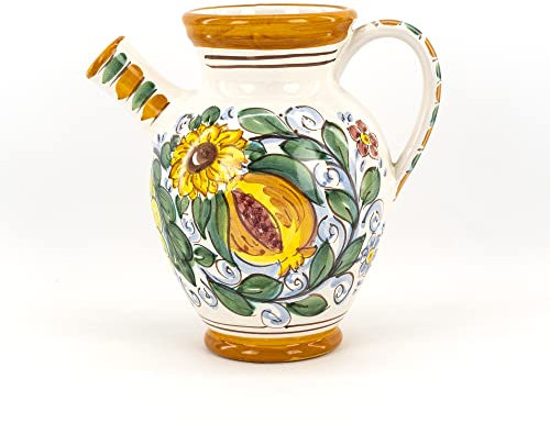 Vase mit Griff, Amphore mit Ausgießer, Krug, Quartara H 20 aus sicilianischer Keramik von Caltagirone mit Dekoration Blumen und Früchten von Sizilien